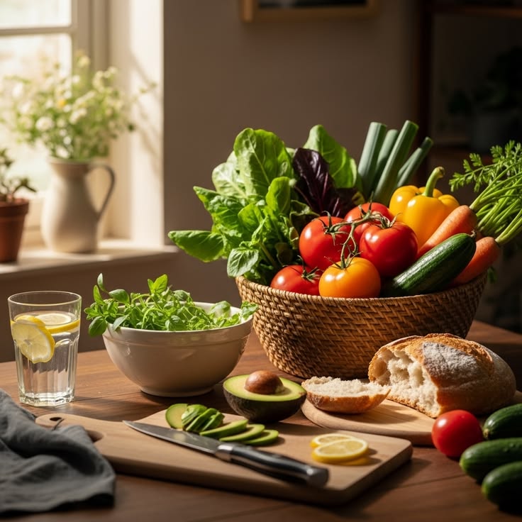 Colourful fresh vegetables and grains arranged on a wooden table representing balanced everyday meals